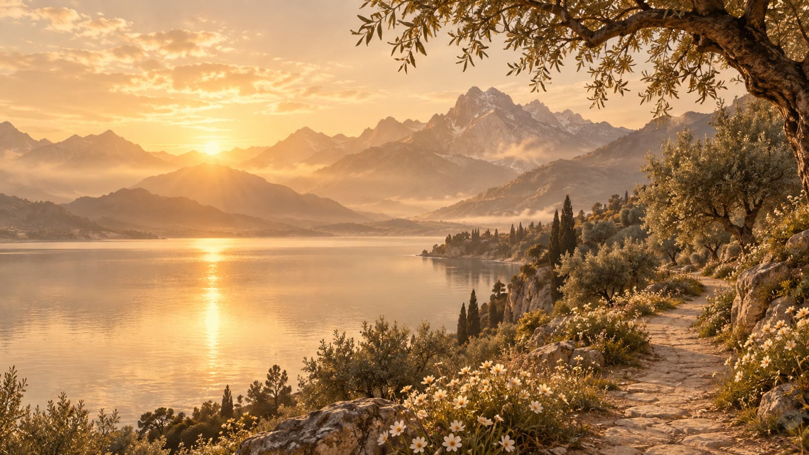 Your My Therapy Journey: a sunlit path beside a golden lake, leading towards the mountains